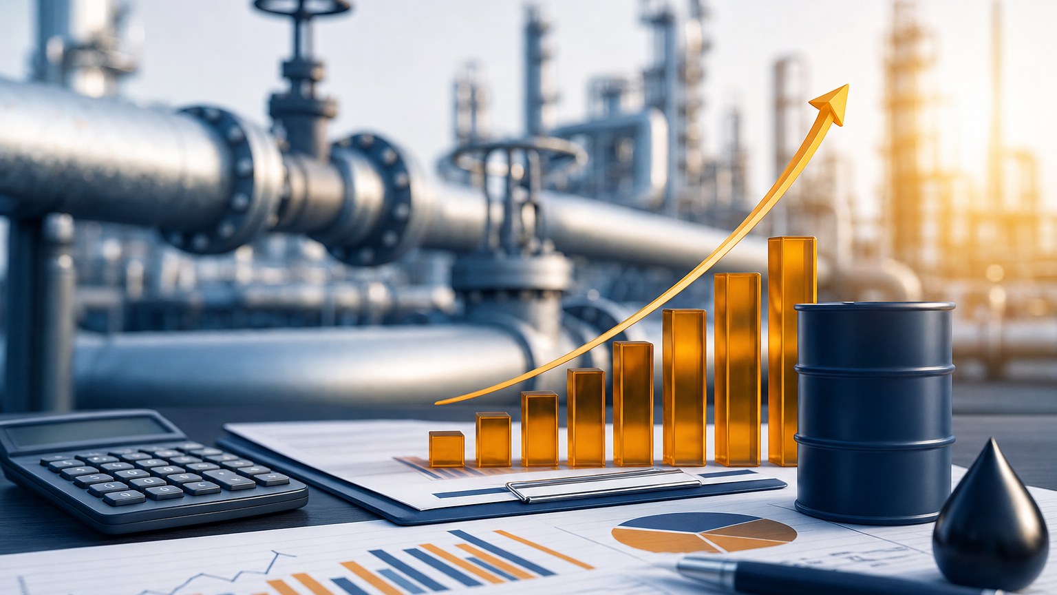 Energy-sector economics: pipeline facility with rising cost curves, financial analysis, and an oil barrel