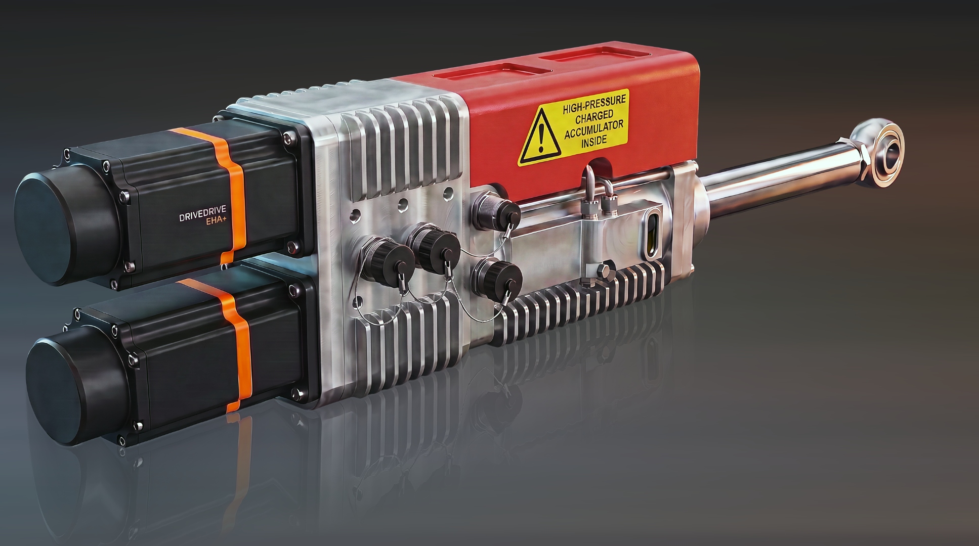 Rendering of the DriveDrive EHA+ dual-drive electrohydrostatic actuator, showing the two servo motors, hydraulic power unit, high-pressure charged accumulator, and cylinder rod
