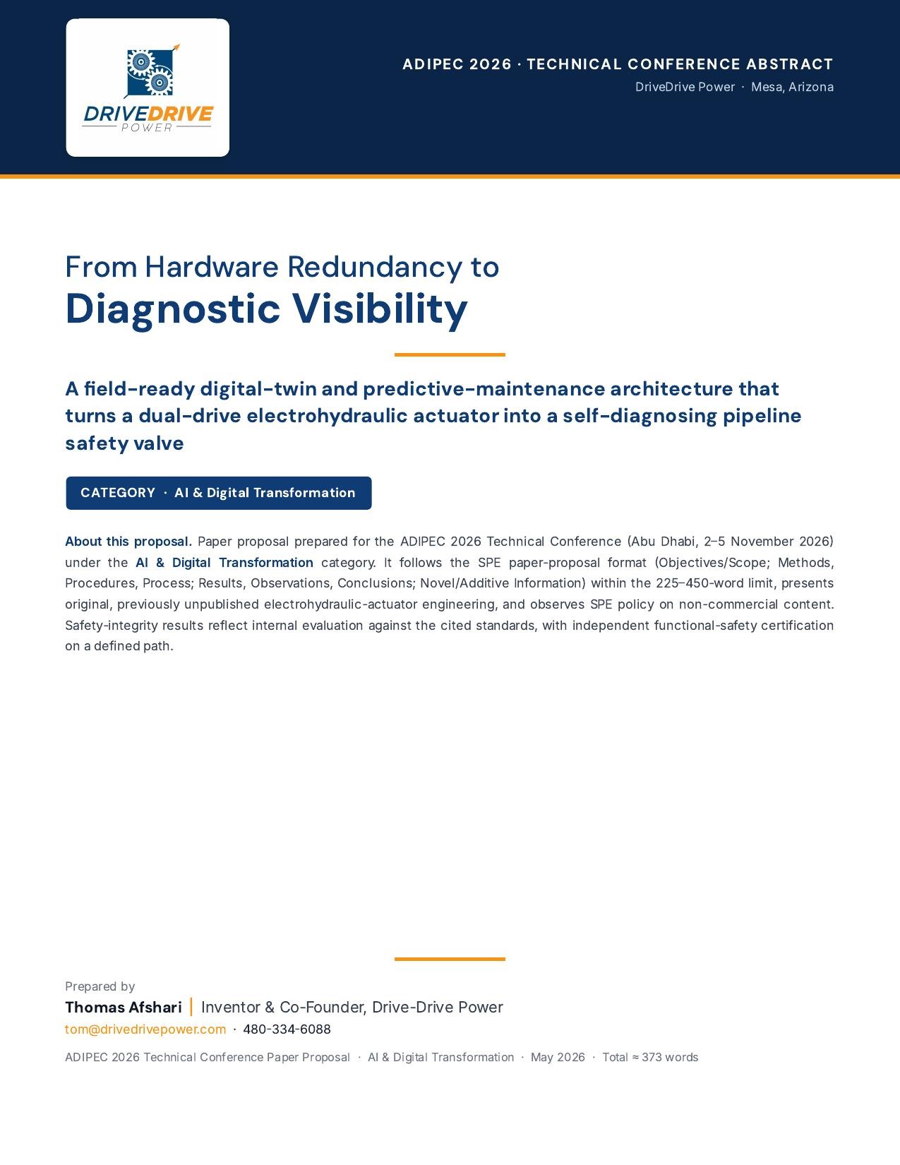 ADIPEC 2026 paper first page: From Hardware Redundancy to Diagnostic Visibility