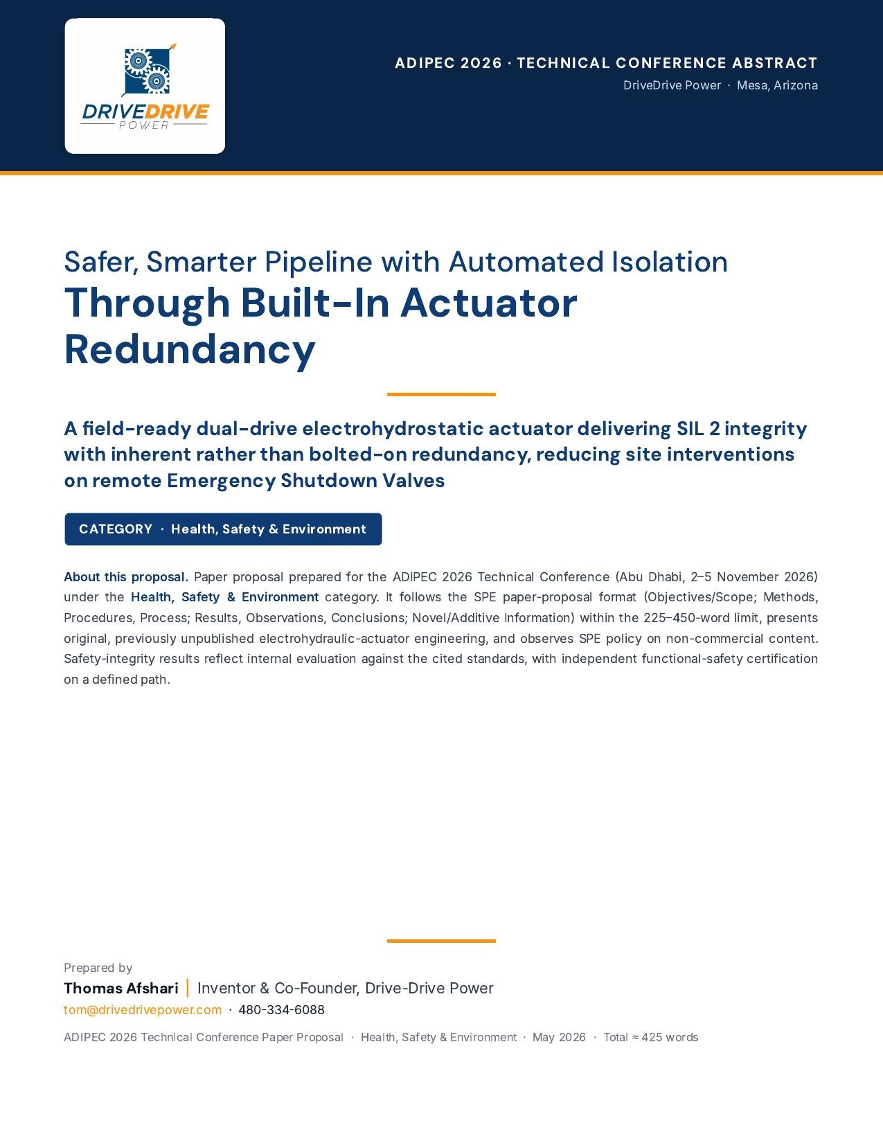 ADIPEC 2026 paper first page: Safer, Smarter Pipeline with Automated Isolation Through Built-In Actuator Redundancy