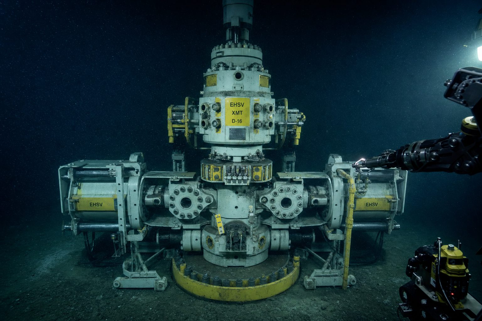 Subsea Christmas tree manifold on the seabed illuminated by ROV lights