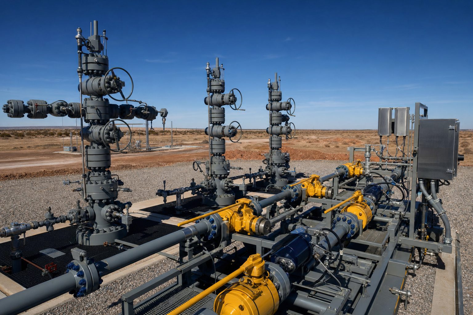 Upstream production wellhead and manifold installation with multiple Christmas-tree assemblies and trunnion ball-valve actuators